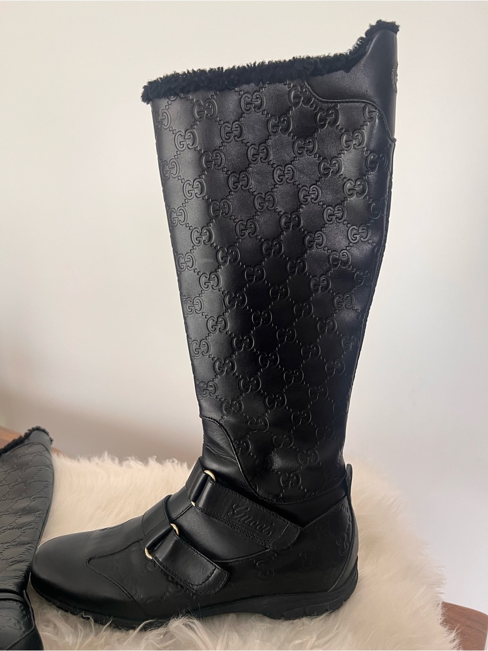 Gucci Black Logo-Embossed Shearling-Trim Tall Boot
